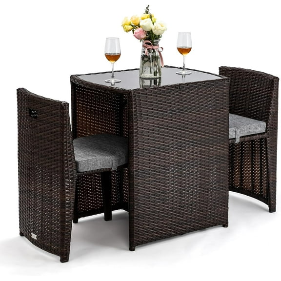 WLTER 3 PCS Wicker Outdoor Patio Bistro Set, Patio Furniture Set for Small Space with Glass Top Table Dining Chairs, Balcony Furniture Patio Table and Chairs Set of 2 for Garden Yard Porch (Brown)