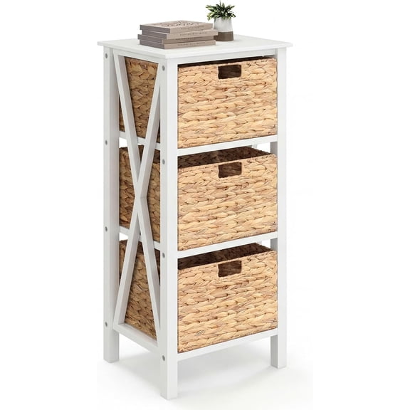 WLTER 3-Tier Nightstand with 3 Wicker Baskets, Wooden X-Design Side Table End Table, Beside Table with Acacia Wood Legs, Mid Century Accent Storage Cabinet for Small Spaces, Bedroom, White