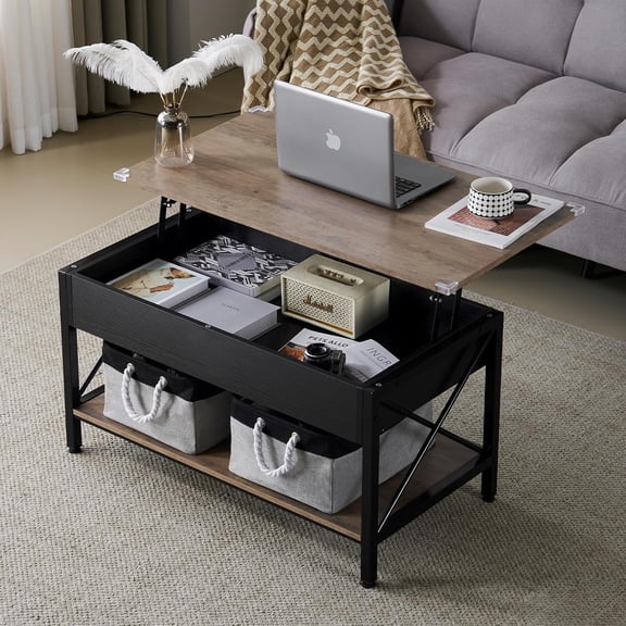 WLTER 36" Lift Top Coffee Table with Free Cloth Storage Bins, Rustic Framhouse Grey Coffee Tables for Living Room, Small Modern Coffee Table for Small Space in Minimalistic Style, Gray