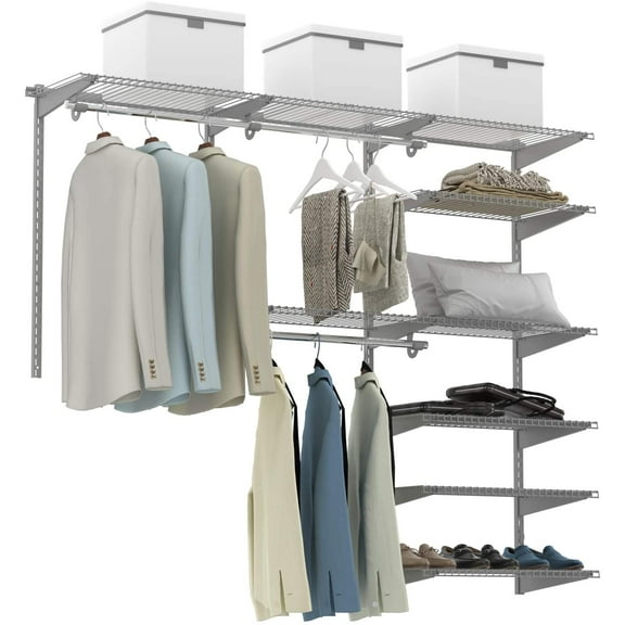 WLTER 4 to 6 FT Custom Closet Organizer System Kit, Wall-Mounted Storage Organizer with Wire Shelving and Hanging Rods, Adjustable Closet Organizer Kit, Configurations Custom Closet for Bedroom, Grey