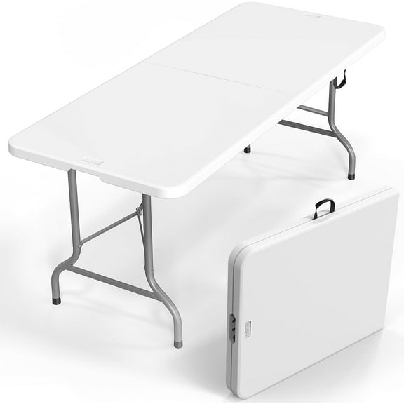 WLTER 6 Foot Plastic Folding Table Portable Long Table for Indoor Outdoor Use Rectangular with Carrying Handle, Smooth HDPE Tabletop, White