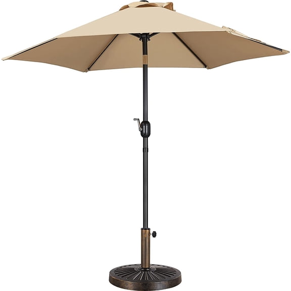 WLTER 7.5FT Patio Umbrella Outdoor with Heavy Duty Base Included,Table Umbrella with Push Button Tilt and Crank, UV Protection Waterproof for Yard/Wedding Parties and Events - Tan
