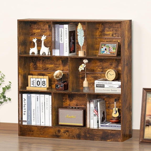 WLTER 8 Cube Bookshelf with Base,3 Tier Mid-Century Modern Brown Bookcase,Standing Wide Bookshelves Storage Organizer Shelf,Rustic Wood Display Cabinet Book Shelves for Bedroom,Living Room,Office