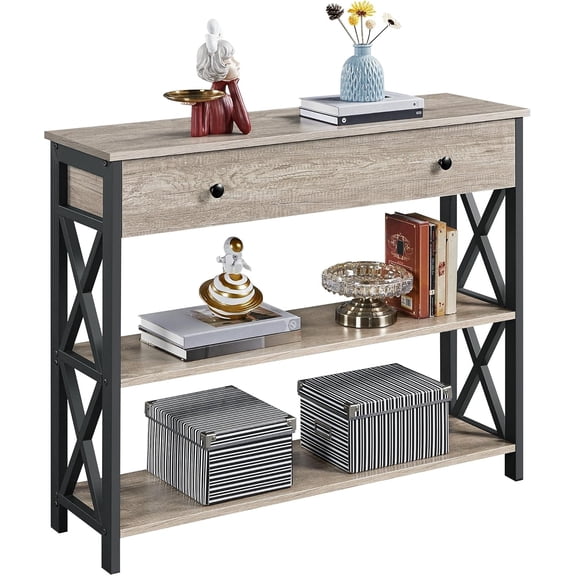 WLTER Console Table with Drawer, Entryway Table with 3 Tier Storage Shelves, Narrow Long Sofa Table for Entryway, Living Room, Hallway, Couch, Kitchen, Metal Frame, Gray