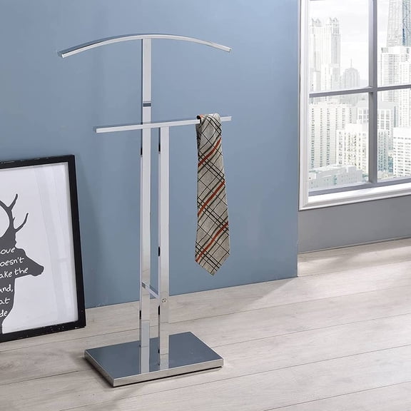 WLTER Dossi Modern Metal Suit Valet Stand, Clothes Rack Organizer with Jacket, Pants & Tie Holder, Space-Saving Garment Rack for Bedroom or Closet (Chrome)