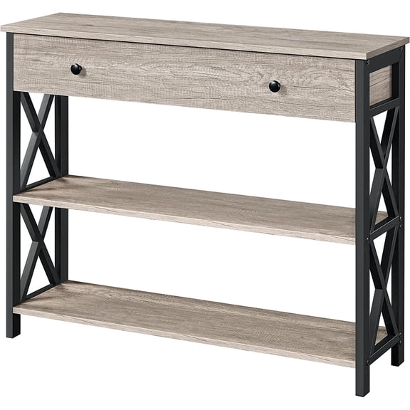 WLTER Entryway Table with Storage Drawer, Narrow Foyer Table for Hallway with Open Storage, 3-Tier Industrial Hallway Table with Metal Frame Support for Living Room, Gray