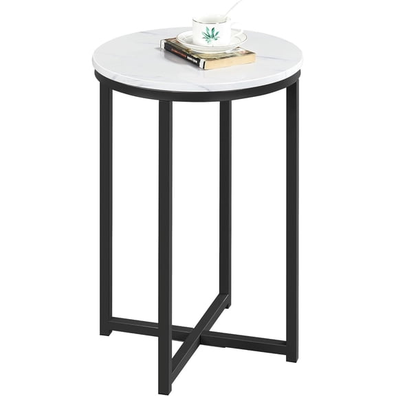 WLTER Faux Marble Side Table, 16in End Table Modern Accent Sofa Table w/X-Based, Round Tabletop, Sturdy Metal Legs for Living Room, Black