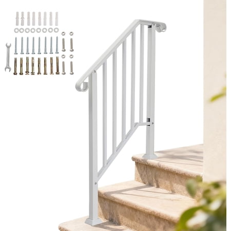 WLTER Handrails for Outdoor Steps, Stair Handrail Fits 1 to 5 Steps, Wrought Iron Hand Rail Stair Railing Kit for Concrete/Porch/Wooden Steps (White, 2 to 3 Steps)