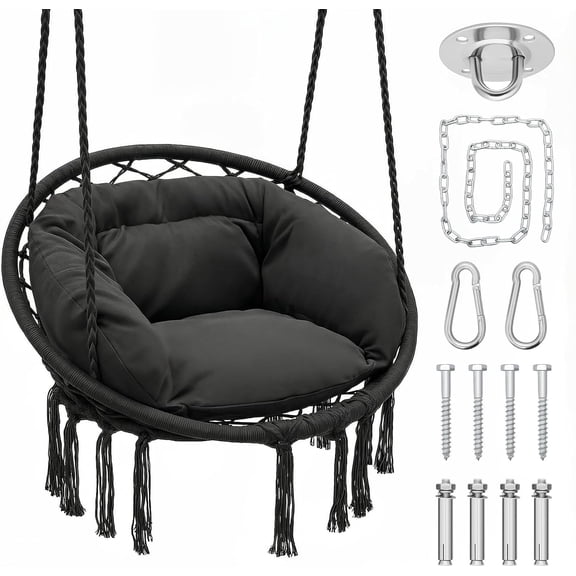 WLTER Hanging Hammock Chair with Cozy Full Cushion Offer Extra Support, Backyard Hanging Macrame Swing Chair for Porch, 350 Lbs Capacity, Comfortable Hammock for Relaxation and Enjoyment (Black)