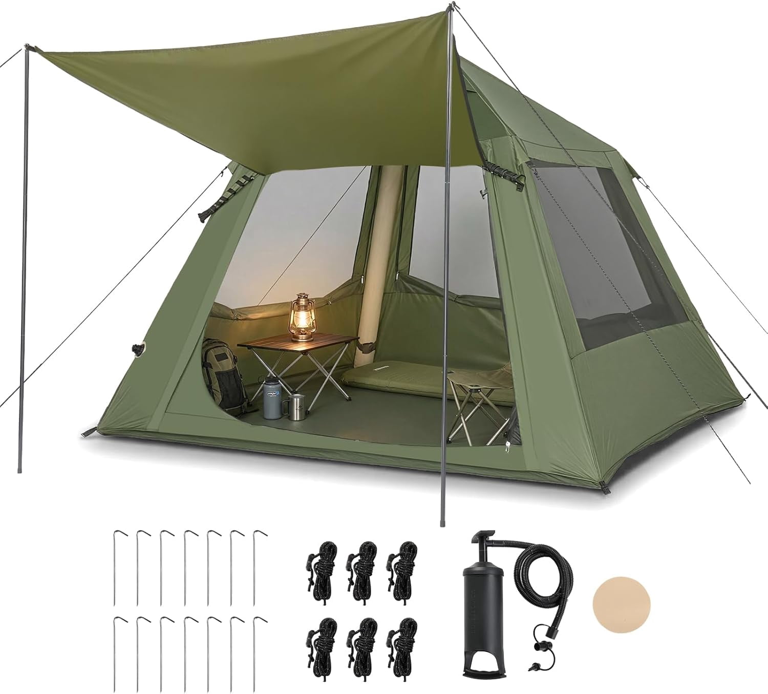 WLTER Inflatable Camping Tent, All-Weather Inflatable Hot Tents with Stove Jack, Blow Up Tent for Camping with Mesh Doors & Windows, Inflatable Air Tents for Camping Adult