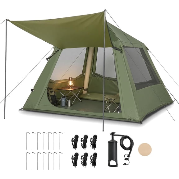 WLTER Inflatable Camping Tent, All-Weather Inflatable Hot Tents with Stove Jack, Blow Up Tent for Camping with Mesh Doors & Windows, Inflatable Air Tents for Camping Adult