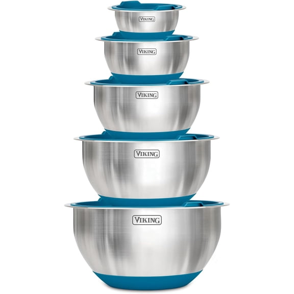 WLTER Mixing Bowls Set, 10 Piece Stainless Steel Kitchen Cookware, Non-Slip Silicone Base, Includes Tight Fit Lids, Dishwasher Safe, Teal