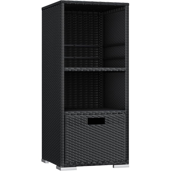 WLTER Outdoor Pool Towel Rack Patio Waterproof Rattan Wicker Storage Cabinet Shed with Shelves & Drawer (Black)