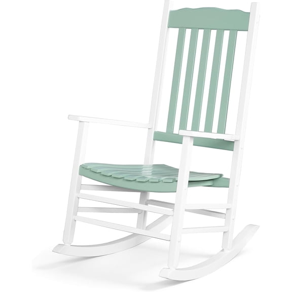 WLTER Outdoor Rocking Chair, Solid Wood High Back Rocker, All Weather Lounge Chair for Porch Patio Fire Pit Garden Backyard Deck Indoor, Wave Shape, White & Green