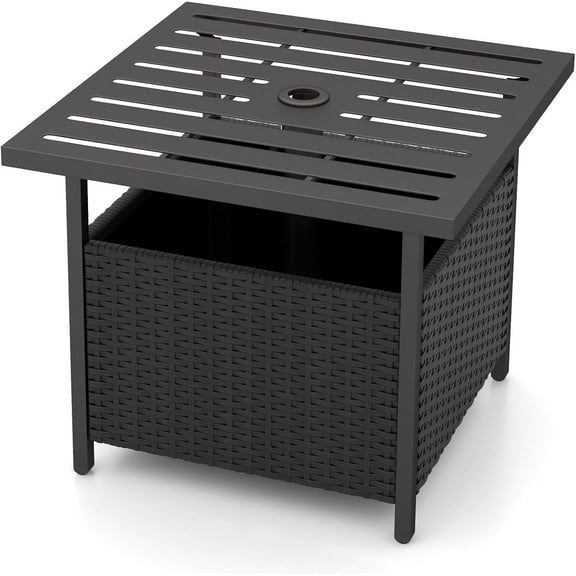 WLTER Outdoor Side Table with Umbrella Hole, 22" Wicker Umbrella Stand Holder and Base, Weather-Resistant PE Rattan Patio End Table for Deck Garden Poolside (Metal Tabletop, Black)