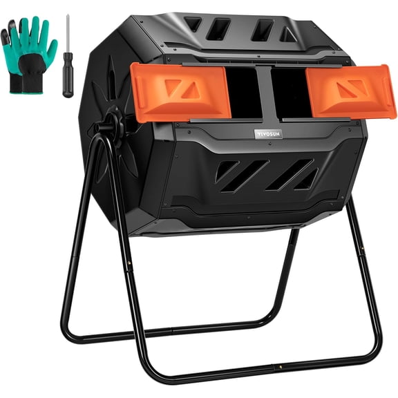 WLTER Outdoor Tumbling Composter Dual Rotating Batch Compost Bin, 43 Gallon Orange Door
