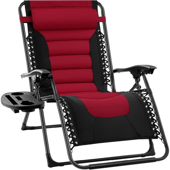 WLTER Oversized Padded Zero Gravity Chair, Folding Outdoor Patio Recliner, XL Anti Gravity Lounger for Backyard w/Headrest, Cup Holder, Side Tray, Polyester Mesh - Burgundy