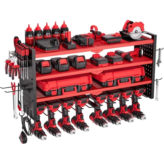 WLTER Power Tool Organizer Wall Mount, 4-Layer Storage Rack with 8 Drill Holders, Tools Holder and Storage Rack with Side Pegboards, Garage Tool Organizer for Garage, Workbench, and Workshop