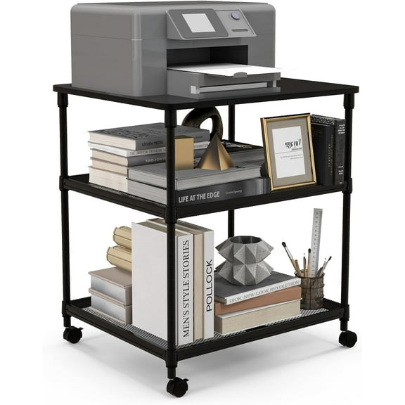 WLTER Printer Stand, 3-Tier Industrial Printer Cart with Lockable Wheels, Adjustable Shelves, Metal Frame, Mobile Under Desk Shelf for Home Office, Printer Table Fit Fax Machine, Scanner (Black)