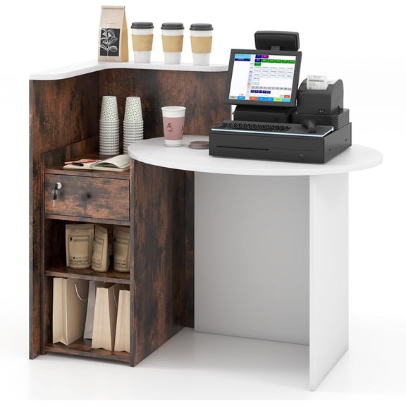 WLTER Reception Desk, Front Counter Desk with Lockable Drawer, Checkout Table with Round Tabletop, Corner Shelf & Adjustable Shelf for Office Beauty Salon Retail Store (Brown & White)