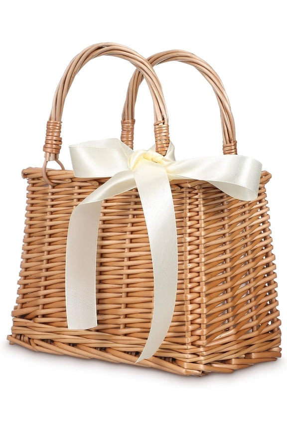 Straw Beach Bags Wicker Handbag Beach Woven Rattan Storage Basket Boho Style Beach Bag Top-handle Bags with Bow for Women Summer Crochet Tote