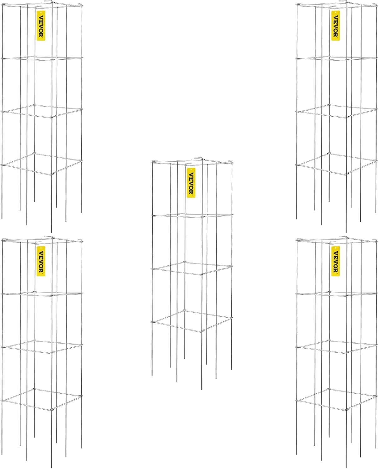 WLTER Tomato Cages, 11.8" x 11.8" x 46.1", 5 Packs Square Plant Support Cages, Silver PVC-Coated Steel Tomato Towers for Climbing Vegetables, Plants, Flowers, Fruits