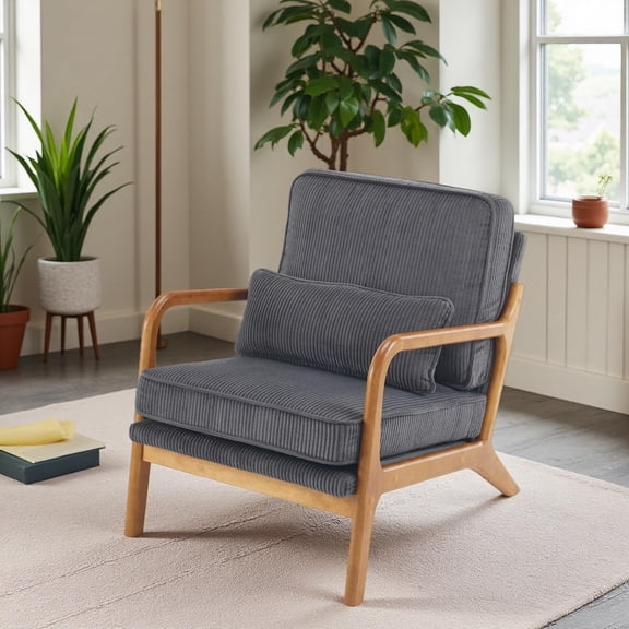 WLTER Upgraded Premium Corduroy Accent Chair,Upholstered Arm Chair,Solid Wood Comfy Reading Chair with Lumbar Pillow, Mid Century Modern Chairs for Living Room,Bedroom,Dark Grey