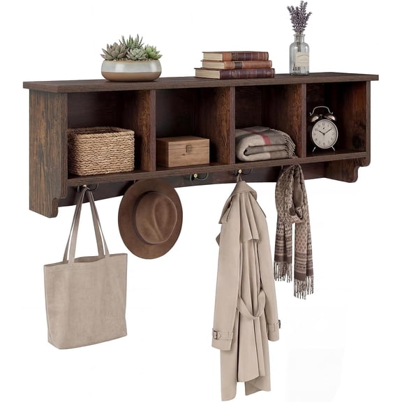 WLTER Wall Mounted Coat Rack, 28.5'' Wooden Floating Shelf with 4 Cubbies & 5 Double Hooks, Modern Space-Saving Storage Display Organizer for Entryway, Hallway, Mudroom (Rustic Brown)