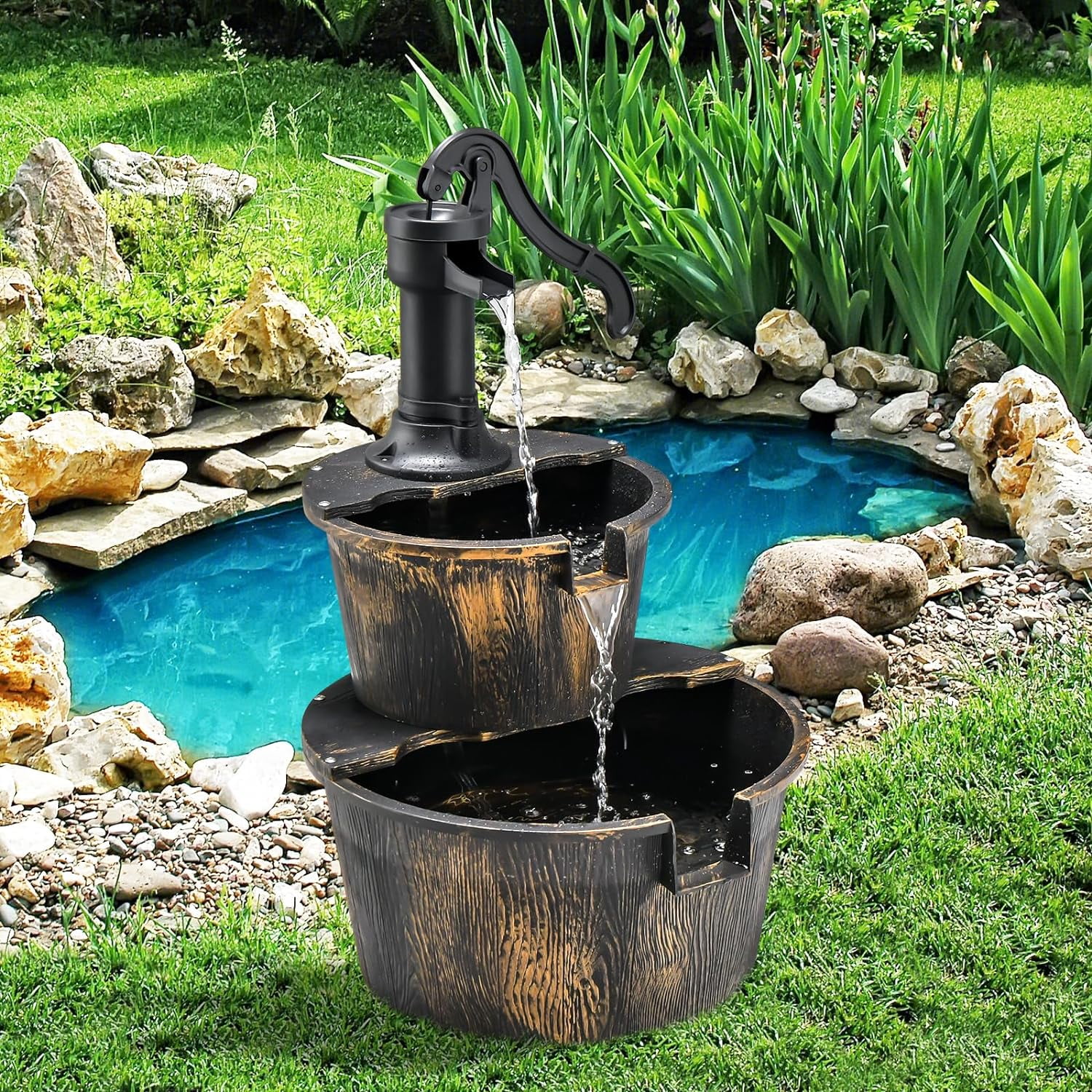 WLTER Water Fountain Outdoor Waterfall Barrel, 2-Tier 27-Inch Barrel and Pump Waterfall Fountain W/Realistic Faux Wood Barrels & Pump Head, Garden Barrel Fountain for Patio Backyard Decor