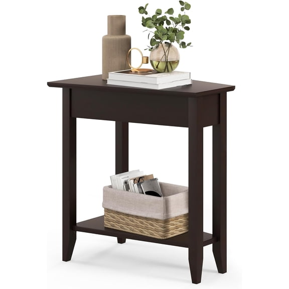 WLTER Wedge End Table, Triangle Side Table with Storage Shelf and Solid Wood Legs, Recliner Table, 24.5" Tall Nightstand, Modern Narrow Accent Table for Small Space Living Room, Espresso