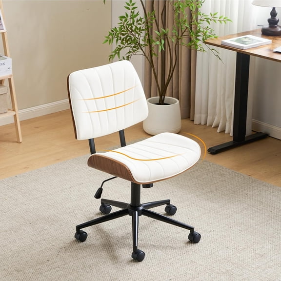 WLTER Wide Curved Seat&Back Armless Home Office Chair,Ergoromic Adjustable-Height Desk Chair,Swivel&Tilting Function,Stylish Walnut Task Chair for Meeing Room,Dining Room,PU, White