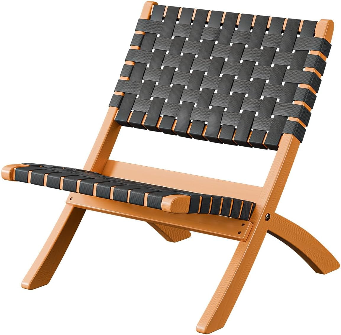 WLTER Wooden Outdoor Chairs, Portable Rattan Folding Chair with Low Webbing Seat and Backrest, Adirondack Chairs, Ideal for Patio, Lawn, Garden, Fishing, Black, 1 Pack