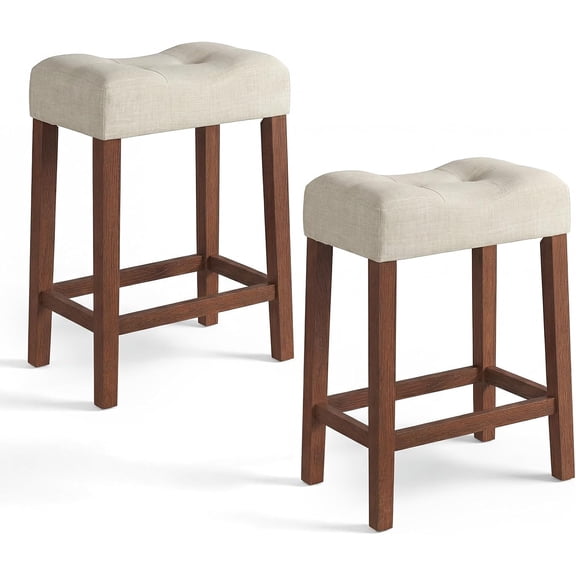 WLTER Wooden Saddle Stools Set of 2, 24-inch Counter Height Upholstered Backless Bar Stools with Solid Rubber Wood Legs, Padded Seat, Farmhouse Dining Chairs for Kitchen Island, Cafe, Beige+Brown