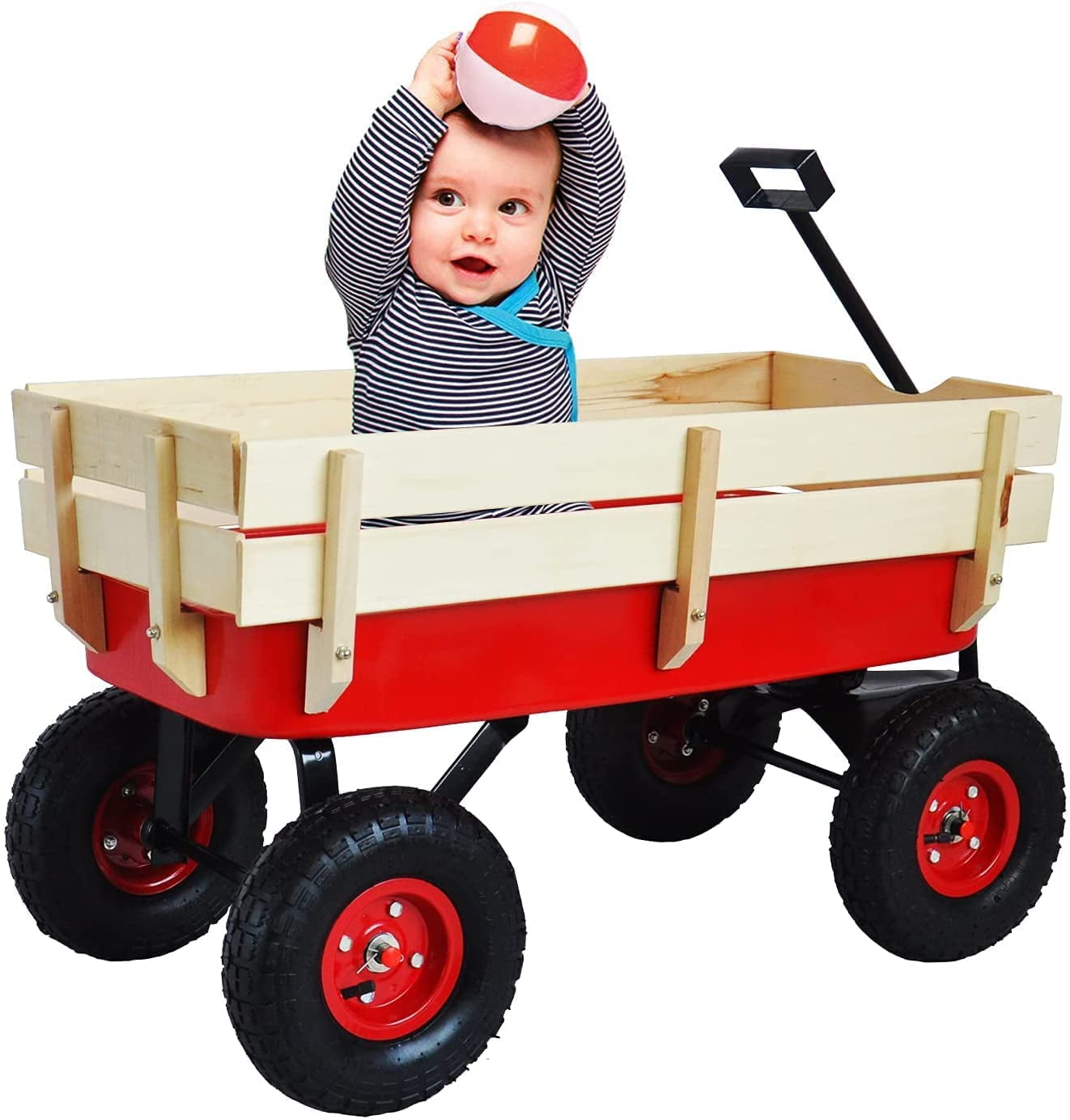 Red Steel and Wood Foldable Outdoor Wagon with Pneumatic Tires