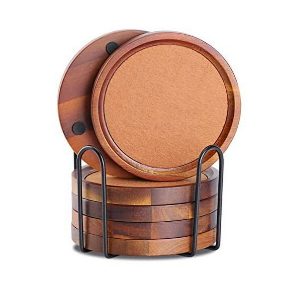 WLWNWFT Acacia 6-Piece Absorbent Cork Wood Coasters