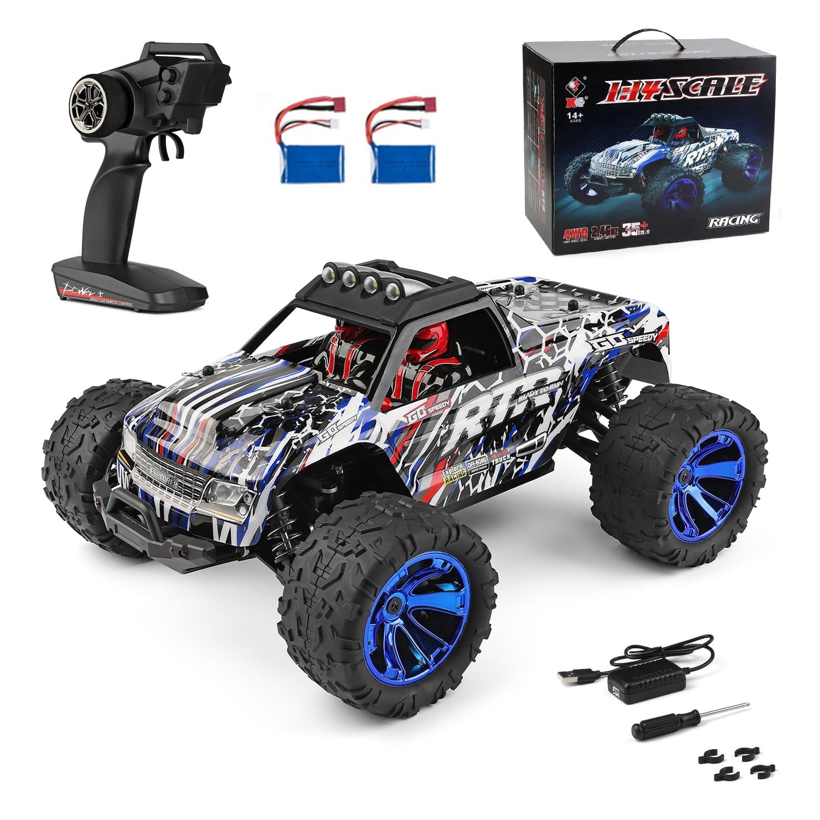 WLtoys 144018 RC Truck, 1/14 Scale Remote Control Car, 4WD 35KM/H High Speed RC Car, 2.4GHz All Terrains Off Road Rock Crawler Truck with 2 Batteries for Adults