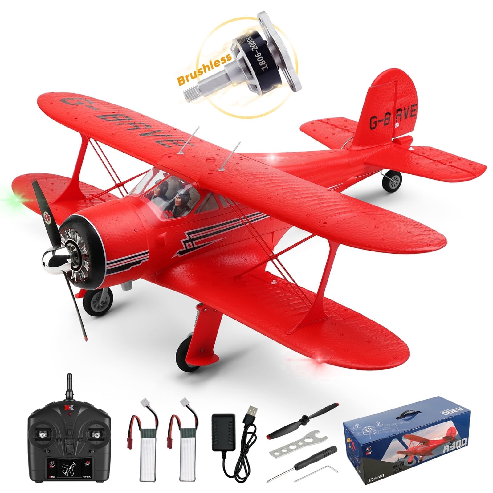 WLtoys A300 4-Ch RC Plane, Beechcraft D-17 RC Airplanes with Lights, 6G/3D Brushless RC Planes with 2 Batteries, 2.4G Remote Control RC Airplanes