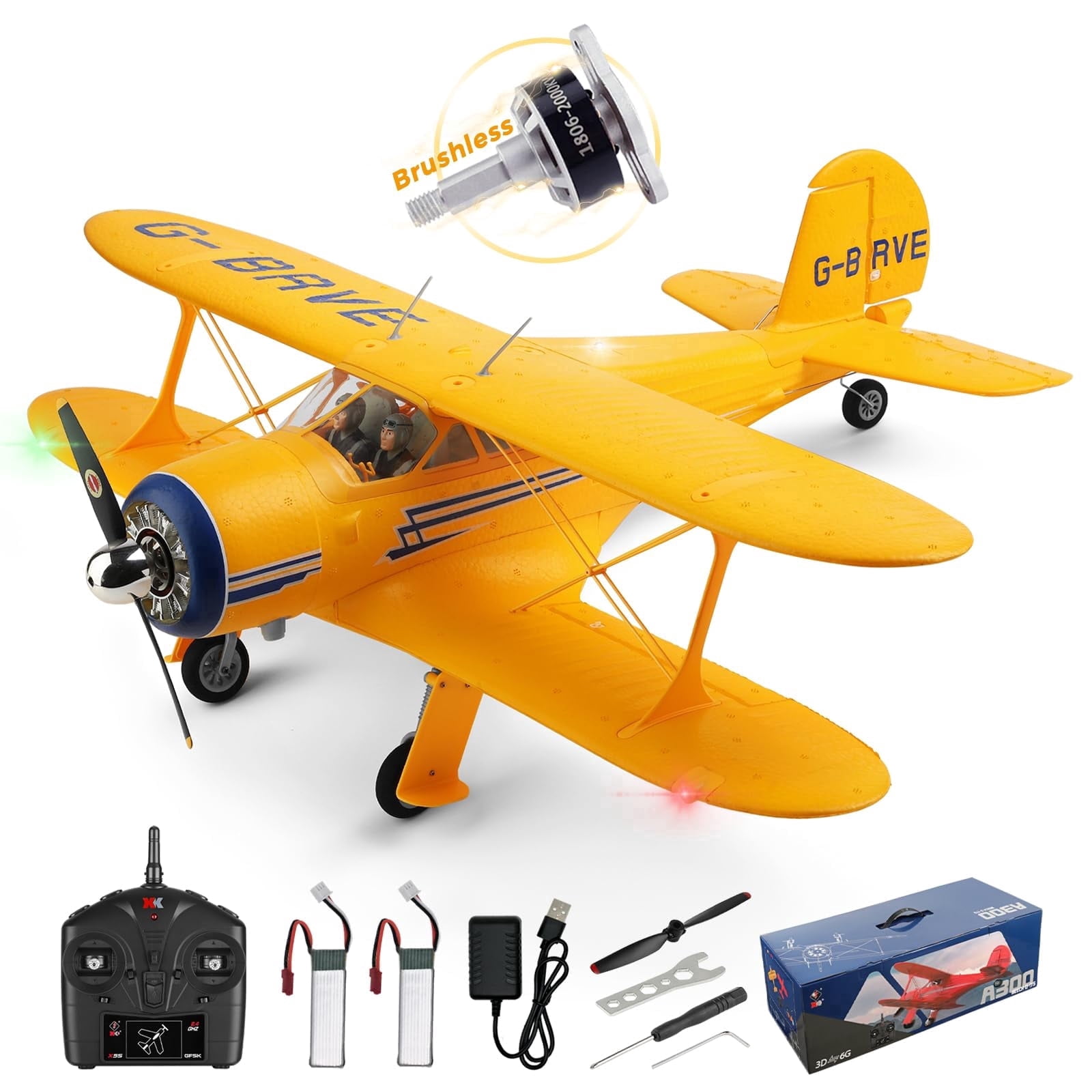 WLtoys A300 4-Ch RC Plane, Beechcraft D-17 RC Airplanes with Lights, 6G/3D Brushless RC Planes with 2 Batteries, 2.4G Remote Control RC Airplanes