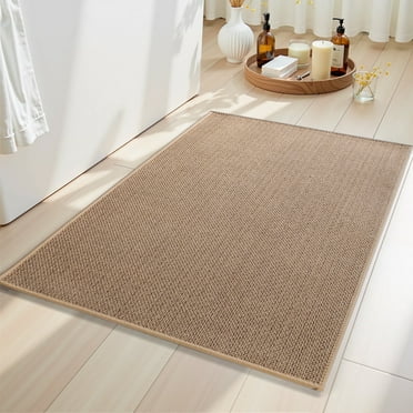 SIXHOME 17"x24" Bathroom Rugs Non Slip Bath Mat Rubber-Backing Braided Absorbent Bath Rugs Machine Washable Thin Bathroom Mats Fit Under Door Soft Quick Dry Bathroom Rugs Beige
