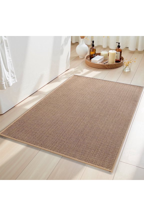 Non Slip Braided Bath Mat for Bathroom, Rubber Backing Thin Absorbent Bathroom Rug, Quick Dry Machine Washable Bathroom Floor Mat, Fits Under Door Low Profile, 20"x32" Beige