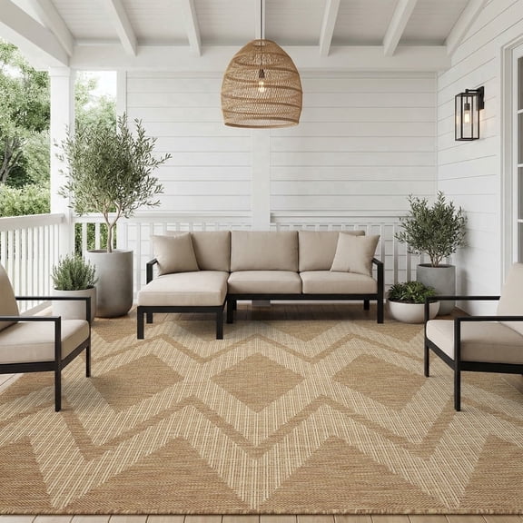 SIXHOME Outdoor Rugs 5'x7', Bohemian Geometry Patio Rug, Indoor Outdoor Polypropylene Weave Textured Carpet, Water-Resistant, Quick-Dry Rug for Porch, Balcony, RV, Garden, Neutral Brown