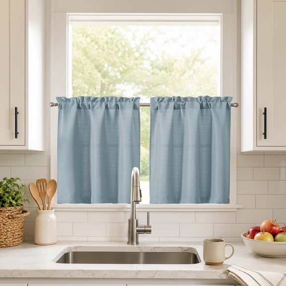 Chyhomenyc Aqua Tier Curtains 24 Inch Length, Light Filtering Faux Linen Textured Cafe Curtains, Rod Pocket Short Curtains for RV Camper Kitchen Bathroom Small Windows, 30"Wx24"L Inch, 2PCS