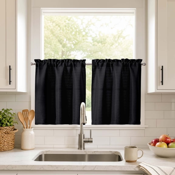 Chyhomenyc Black Tier Curtains 24 Inch Length, Light Filtering Faux Linen Textured Cafe Curtains, Rod Pocket Short Curtains for RV Camper Kitchen Bathroom Small Windows, 30"Wx24"L Inch, 2PCS