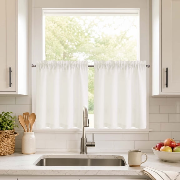 Chyhomenyc Cream Tier Curtains 24 Inch Length, Light Filtering Faux Linen Textured Cafe Curtains, Rod Pocket Short Curtains for RV Camper Kitchen Bathroom Small Windows, 30"Wx24"L Inch, 2PCS