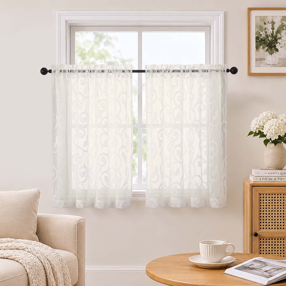 Chyhomenyc Ivory Sheer Tier Curtains 36 Inch Length 2 Panels Set, Light Filtering Short Window Curtain Panels, Rod Pocket Clip Jacquard Drapes for Kitchen Bathroom, Each 28"W x 36"L