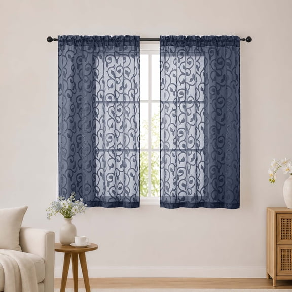 Chyhomenyc Navy Blue Sheer Curtains 54 Inches 2 Panels Set for Living Room, Solid Soft Airy Light Filtering Small Window Treatments, Rod Pocket Clip Jacquard Drapes for Bedroom, Each 42"W x 54"L