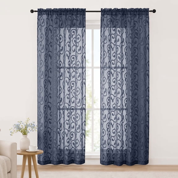 Chyhomenyc Navy Blue Sheer Curtains 84 Inches Long 2 Panels Set, Light Filtering Soft Voile Curtain, Rod Pocket Clip Jacquard Drapes for Bedroom Living Room, Each 42"W x 84"L