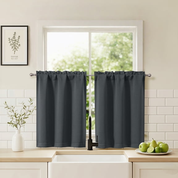 Chyhomenyc Short Blackout Curtains 36 Inch Length, Rod Pocket Kitchen Curtains for Small Windows, Half Window Tier Curtains for Basement Cabinet Camper RV Bunk, 2 PCS, Each 30Wx36L, Dark Grey