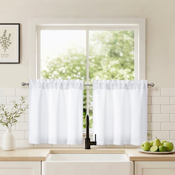 Chyhomenyc Short Light Filtering Curtains 24 Inch Length, Rod Pocket Kitchen Curtains for Small Windows, Half Window Tier Curtains for Basement Cabinet Camper RV Bunk, 2 PCS, Each 30Wx24L, Pure White