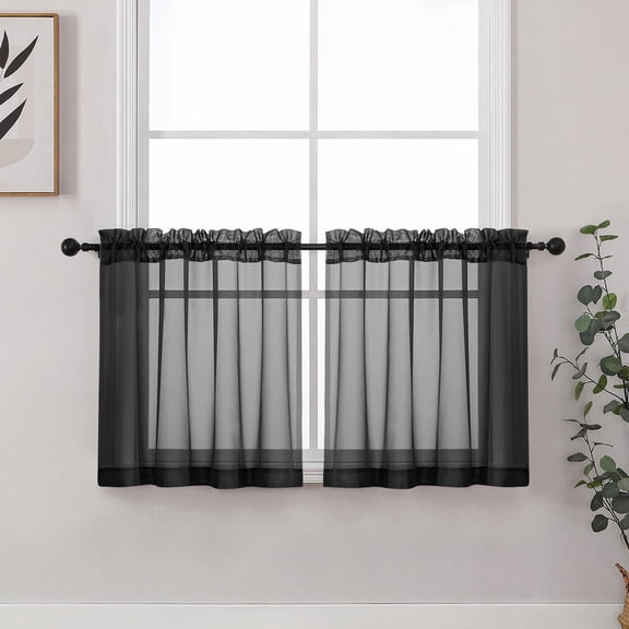 Chyhomenyc Black Sheer Kitchen Curtains 24 Inch Length, Light Filtering Short Half Window Curtains for Bathroom Basement, Small Rod Pocket Cafe Door Voile Sheer Curtains, Each 42"W x 24"L, 2PCS
